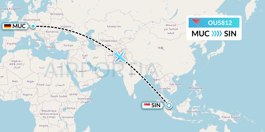 OU5812 Croatia Airlines Flight Map: Munich to Singapore