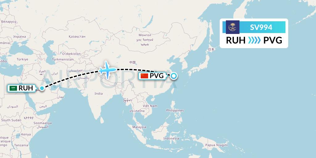 SV994 Saudi Arabian Airlines Flight Map: Riyadh to Shanghai