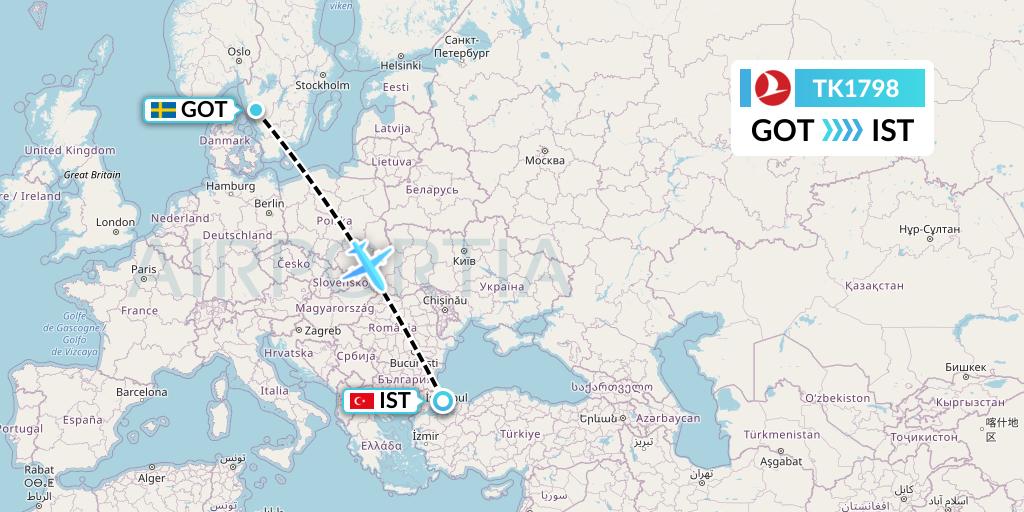 TK1798 Turkish Airlines Flight Map: Gothenburg to Istanbul