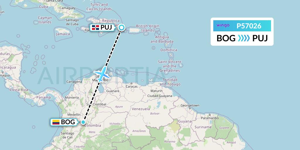 P57026 Copa Airlines Colombia Flight Map: Bogota to Punta Cana