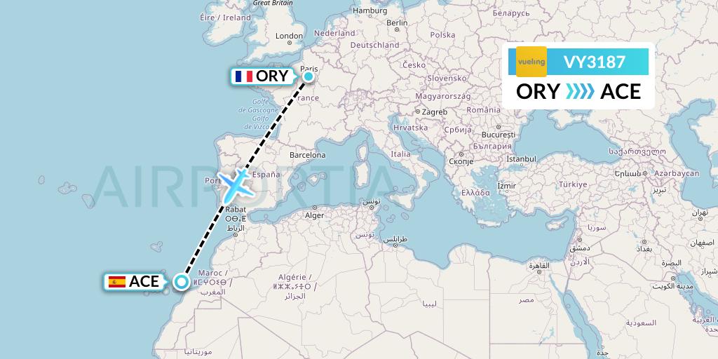 VY3187 Vueling Flight Map: Paris to Lanzarote