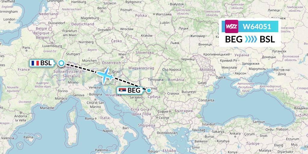 W64051 Wizz Air Flight Map: Belgrade to Basel