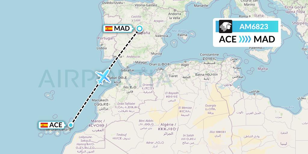 AM6823 Aeromexico Flight Map: Lanzarote to Madrid