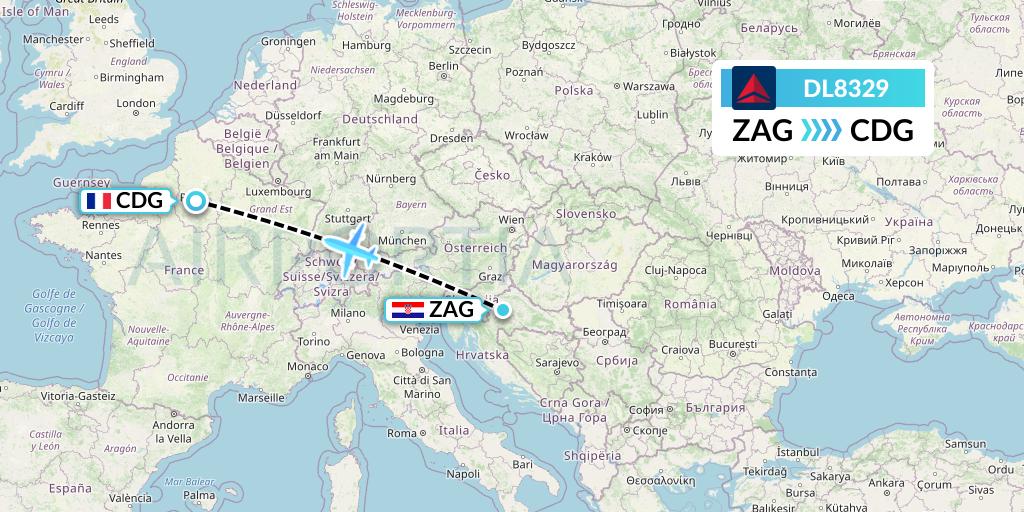 DL8329 Delta Air Lines Flight Map: Zagreb to Paris