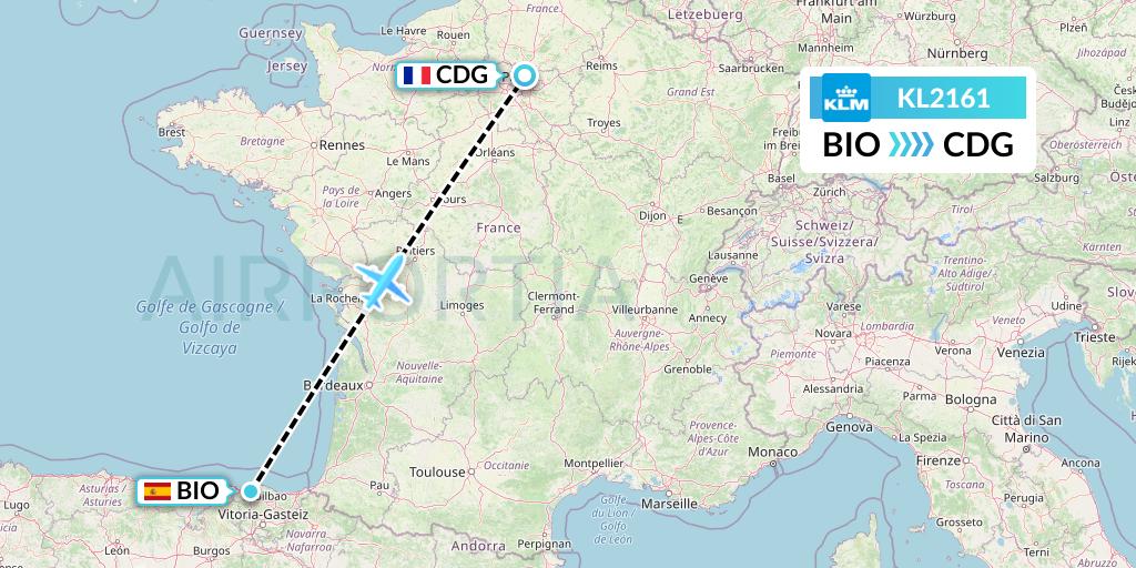 KL2161 KLM Flight Map: Bilbao to Paris