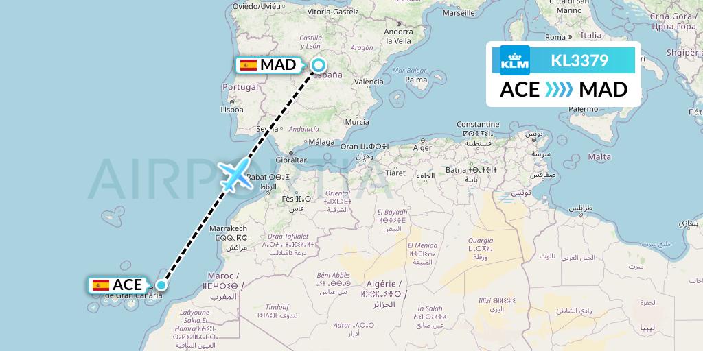 KL3379 KLM Flight Map: Lanzarote to Madrid
