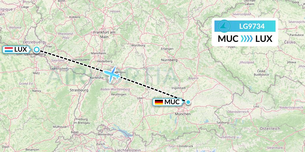 LG9734 Luxair Flight Map: Munich to Luxembourg