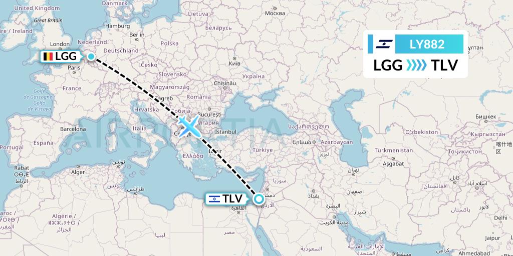 LY882 El Al Flight Map: Liege to Tel Aviv