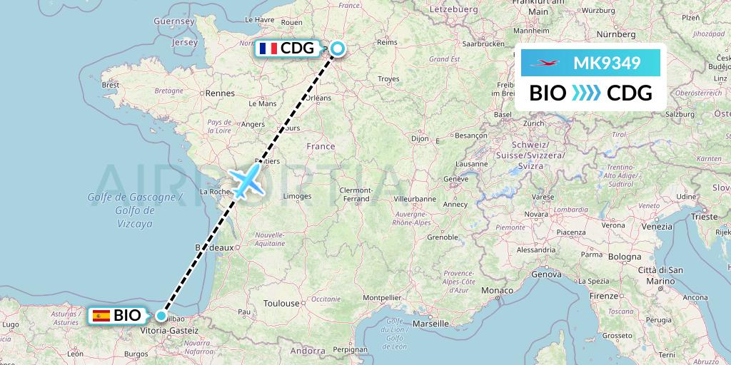 MK9349 Air Mauritius Flight Map: Bilbao to Paris
