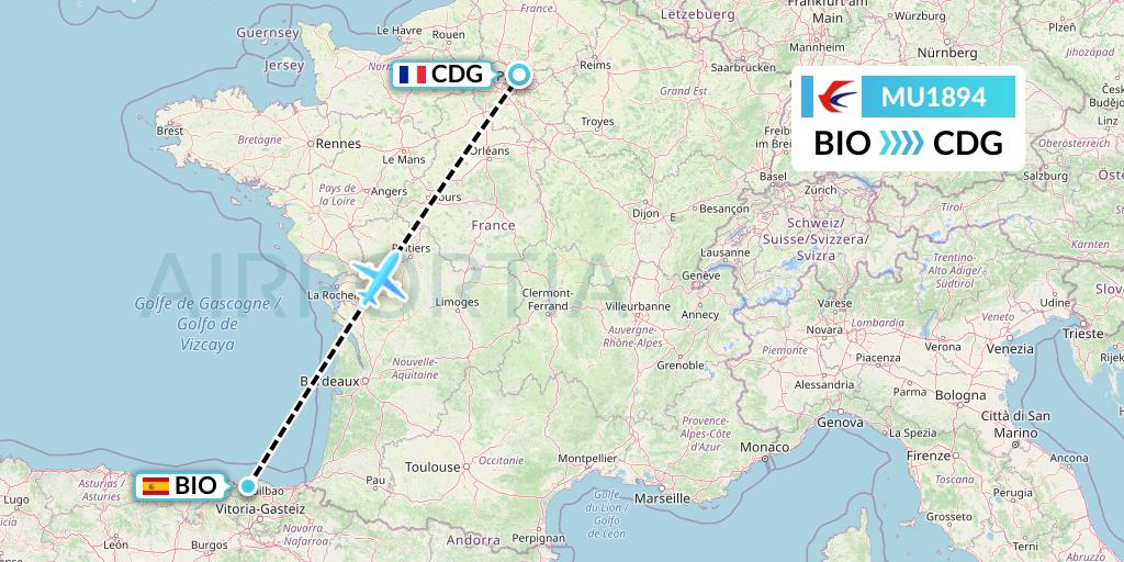 MU1894 China Eastern Airlines Flight Map: Bilbao to Paris