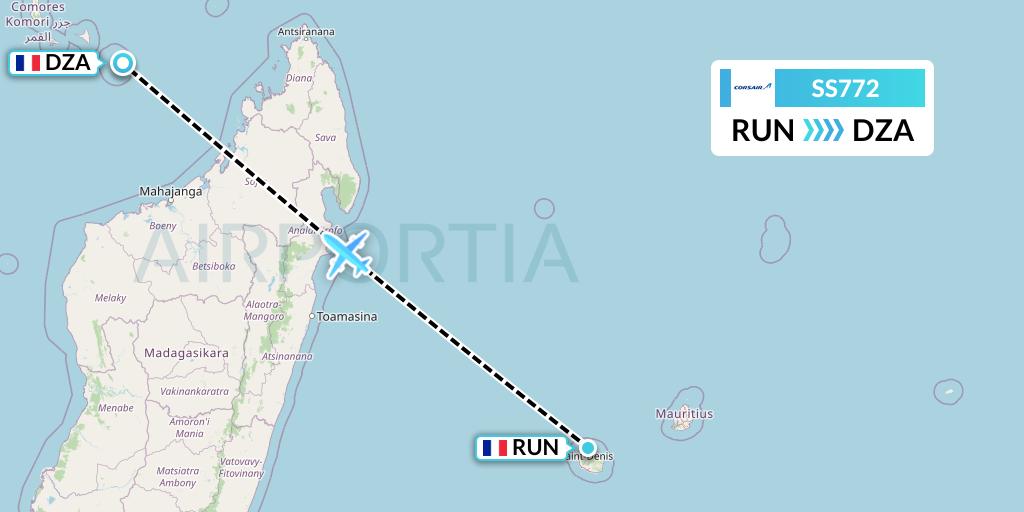 SS772 Corsair Flight Map: Saint-Denis to Dzaoudzi