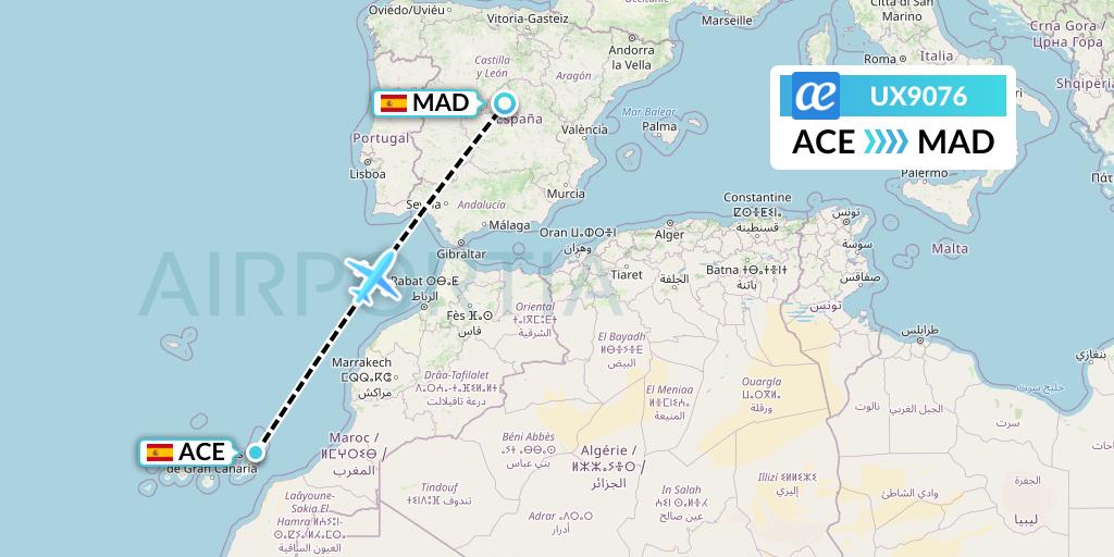 UX9076 Air Europa Flight Map: Lanzarote to Madrid