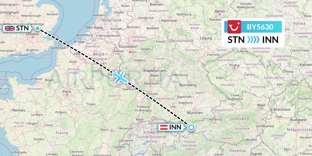 BY5630 TUI Airways Flight Map: London to Innsbruck