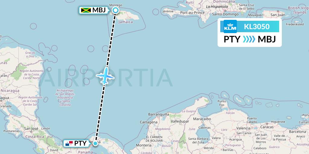 KL3050 KLM Flight Map: Panama City to Montego Bay
