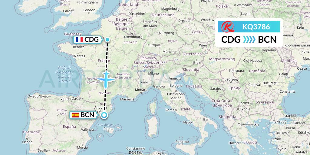 KQ3786 Kenya Airways Flight Map: Paris to Barcelona