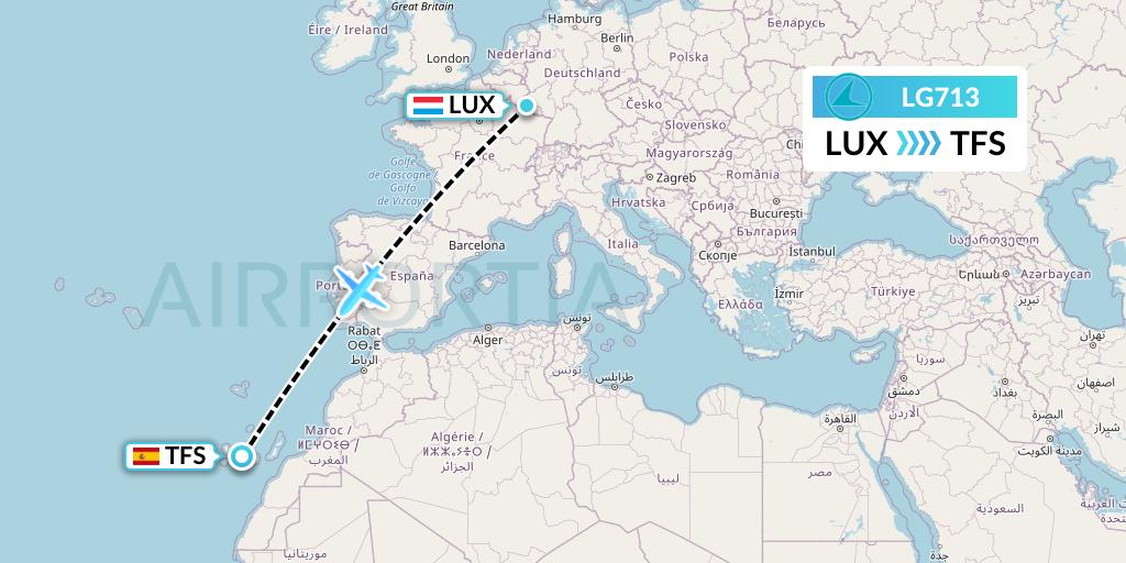 LG713 Luxair Flight Map: Luxembourg to Tenerife