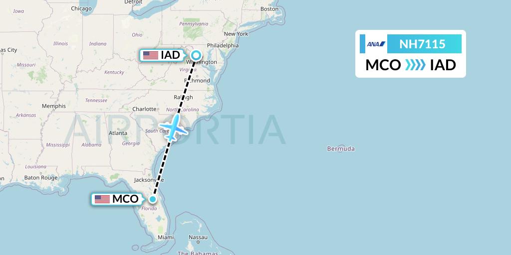 NH7115 All Nippon Airways Flight Map: Orlando to Washington