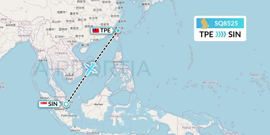 SQ8525 Singapore Airlines Flight Map: Taipei to Singapore