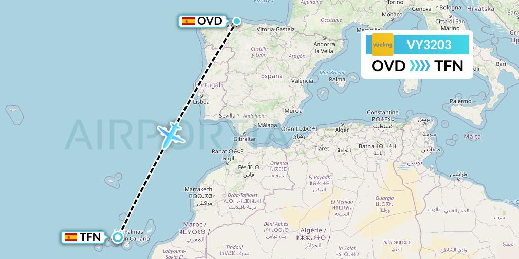 VY3203 Vueling Flight Map: Asturias to Tenerife