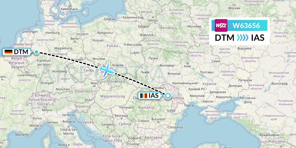 W63656 Wizz Air Flight Map: Dortmund to Iasi