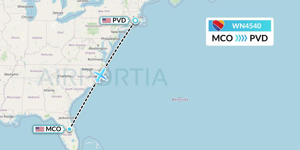 WN4540 Southwest Airlines Flight Map: Orlando to Providence