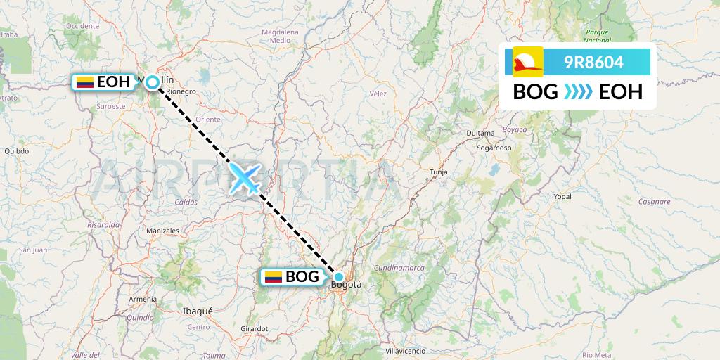 9R8604 Satena Flight Map: Bogota to Medellin