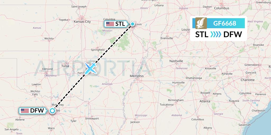 GF6668 Gulf Air Flight Map: St. Louis to Dallas
