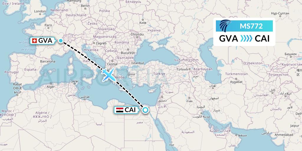 MS772 EgyptAir Flight Map: Geneva to Cairo