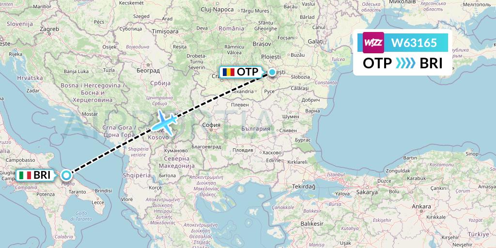 W63165 Wizz Air Flight Map: Bucharest to Bari