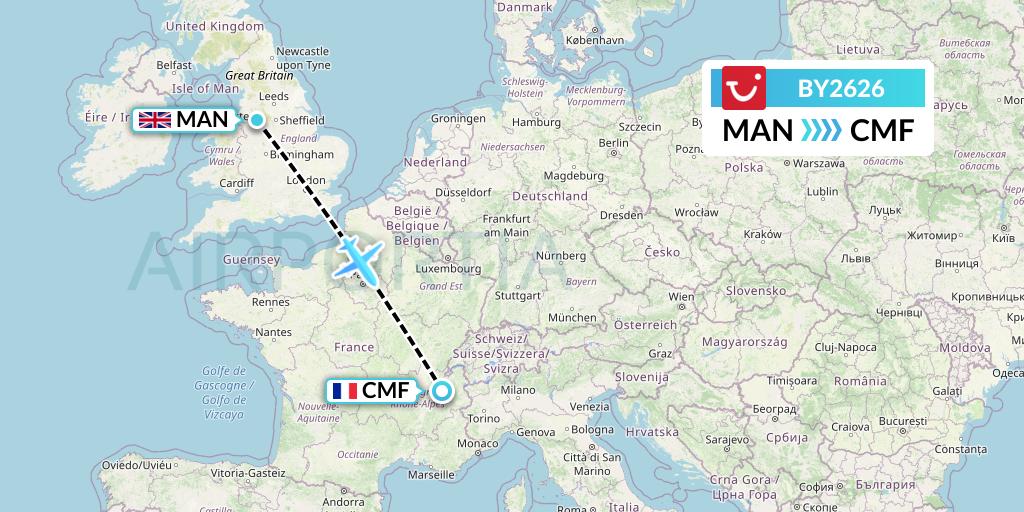 BY2626 TUI Airways Flight Map: Manchester to Chambery