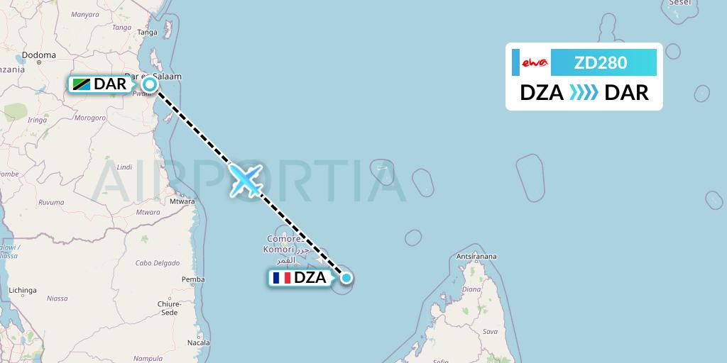 ZD280 EWA Air Flight Map: Dzaoudzi to Dar-es-Salaam