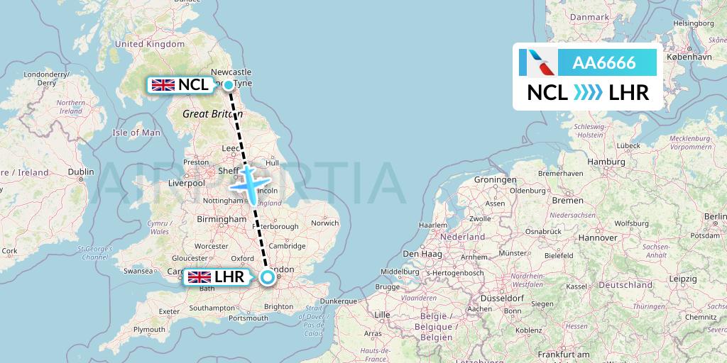AA6666 American Airlines Flight Map: Newcastle to London