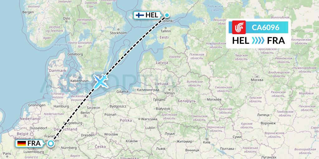 CA6096 Air China Flight Map: Helsinki to Frankfurt