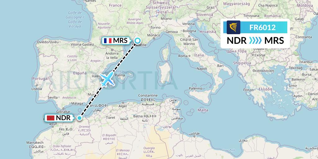 FR6012 Ryanair Flight Map: Nador to Marseille