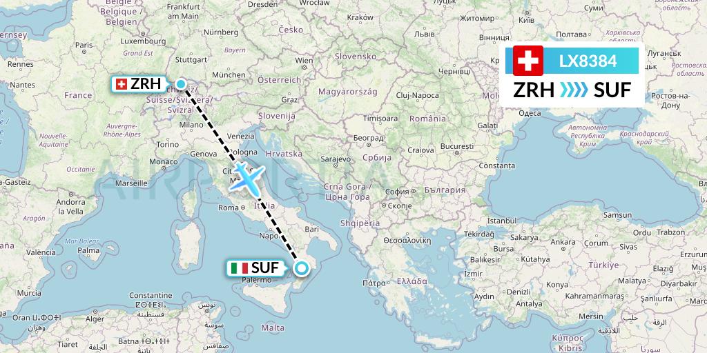 LX8384 Swiss Flight Map: Zurich to Lamezia Terme