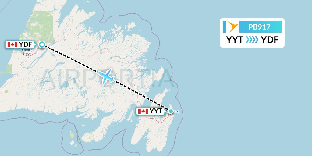 PB917 PAL Airlines Flight Map: St. John's to Deer Lake