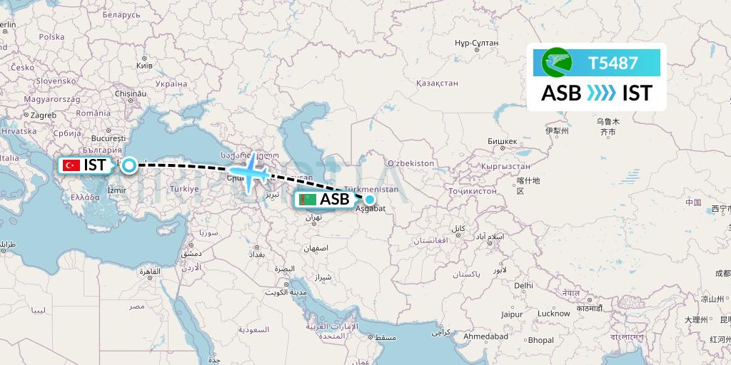 T5487 Turkmenistan Airlines Flight Map: Ashgabat to Istanbul