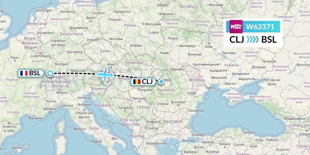 W63371 Wizz Air Flight Map: Cluj-Napoca to Basel