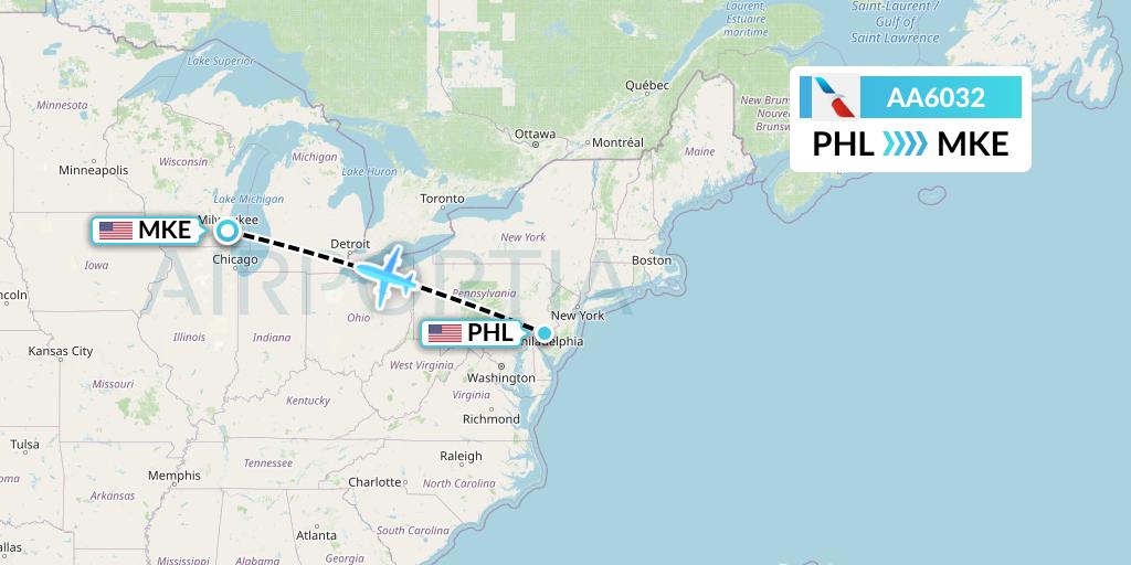 AA6032 American Airlines Flight Map: Philadelphia to Milwaukee