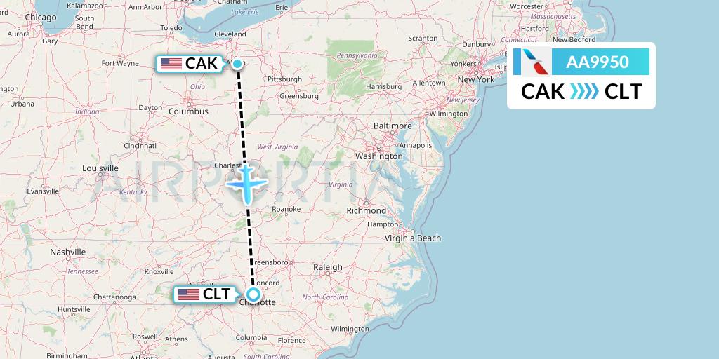 AA9950 American Airlines Flight Map: Akron to Charlotte