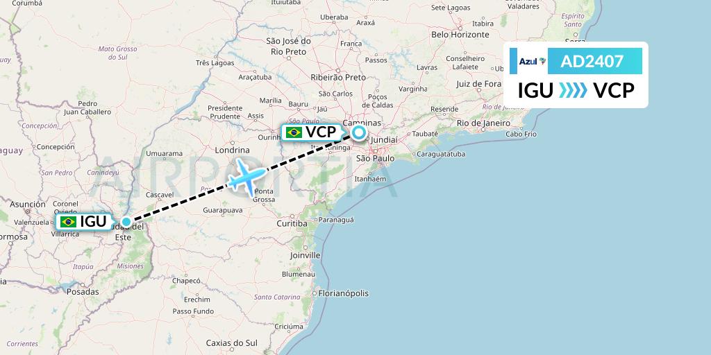AD2407 Azul Brazilian Airlines Flight Map: Foz do Iguacu to Campinas