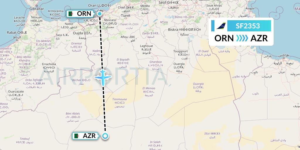 SF2353 Tassili Airlines Flight Map: Oran to Adrar