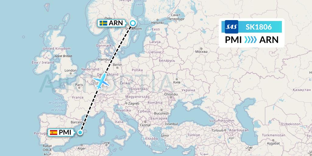 SK1806 SAS Flight Map: Palma de Mallorca to Stockholm