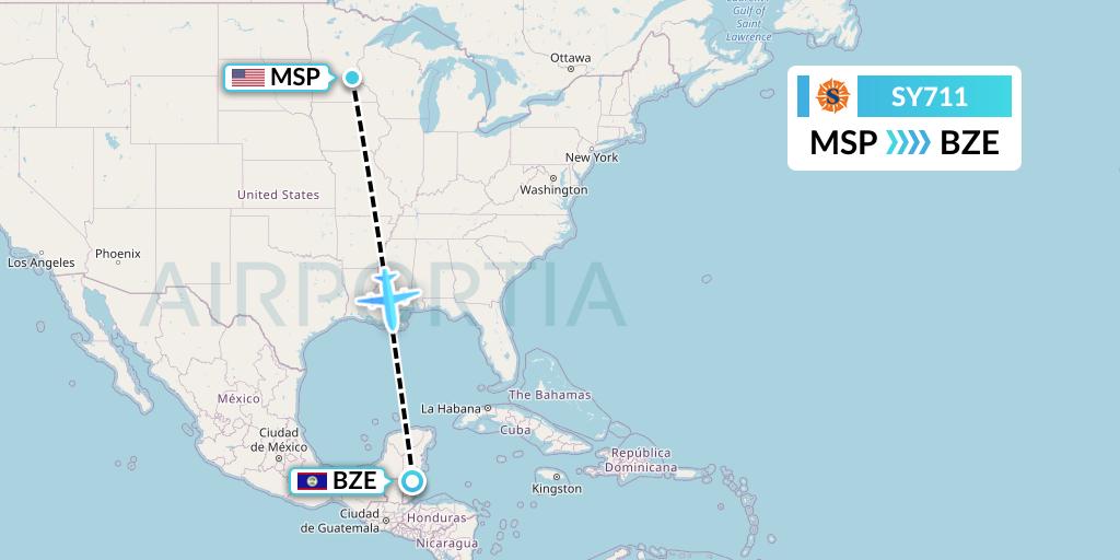 SY711 Sun Country Airlines Flight Map: Minneapolis to Belize City