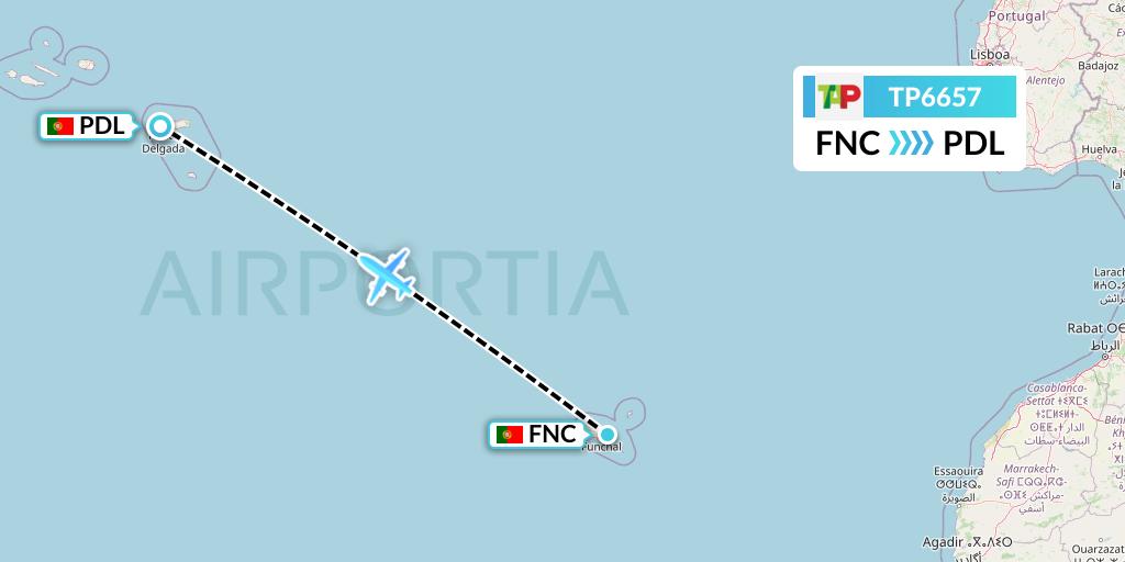 TP6657 TAP Portugal Flight Map: Funchal to Ponta Delgada