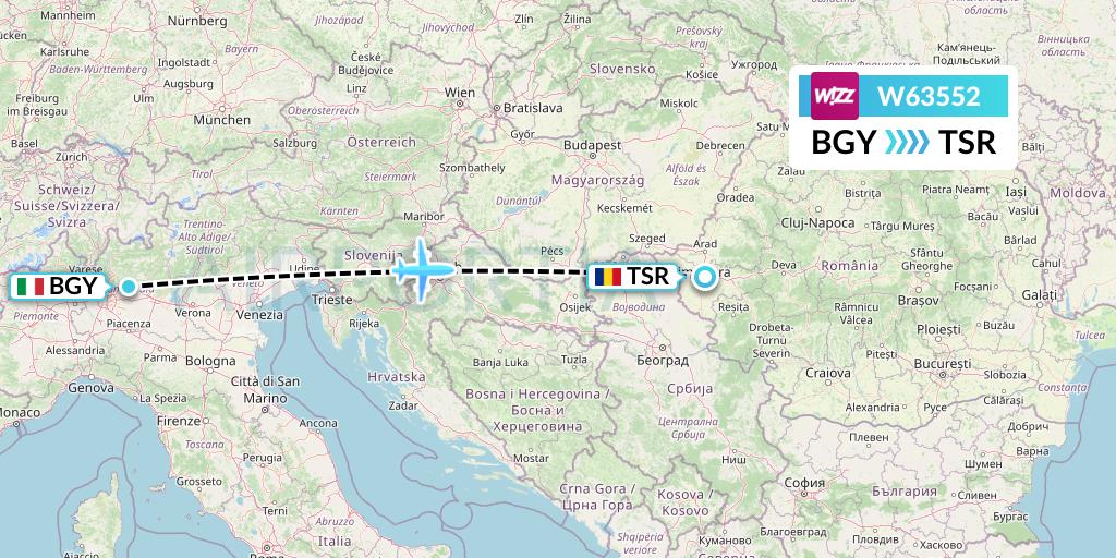 W63552 Wizz Air Flight Map: Milan to Timisoara