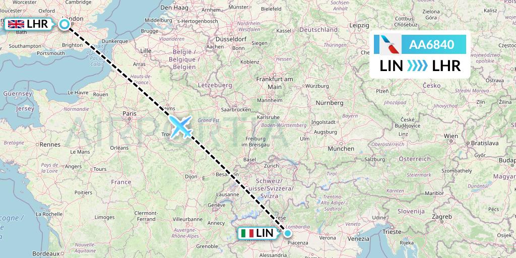 AA6840 American Airlines Flight Map: Milan to London