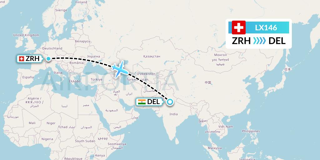 LX146 Swiss Flight Map: Zurich to Delhi