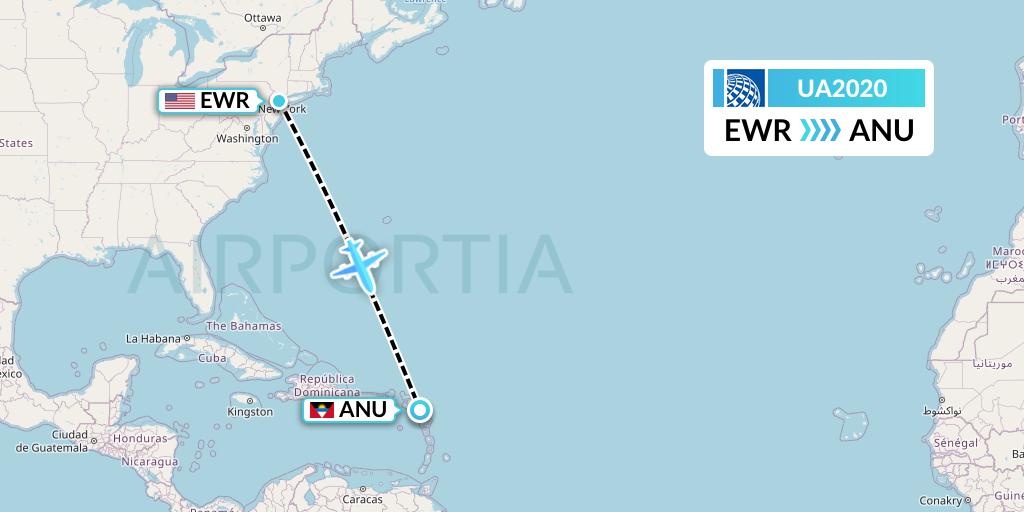 UA2020 United Airlines Flight Map: New York to Antigua