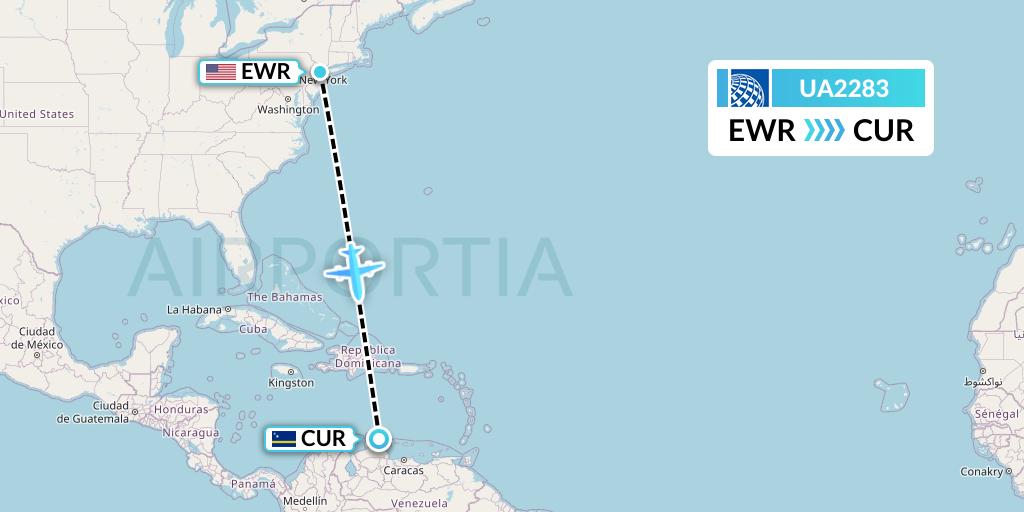 UA2283 United Airlines Flight Map: New York to Willemstad